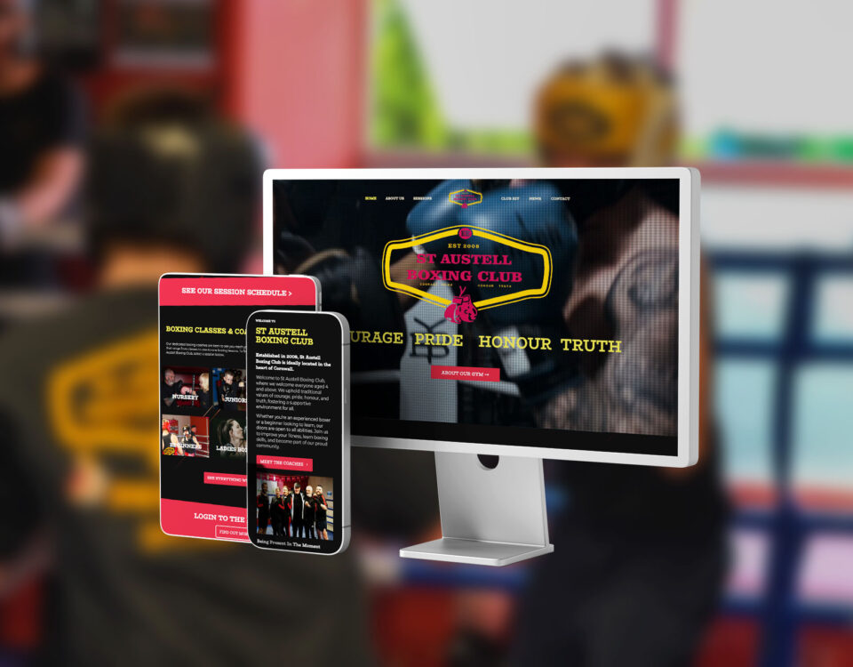 A monitor, tablet and mobile showing St Austell Boxing Club's website