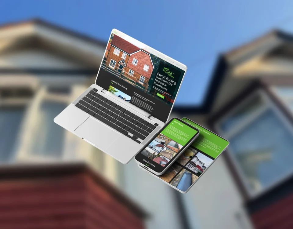 A laptop, mobile phone and tablet showing G.Card Roofing's new website