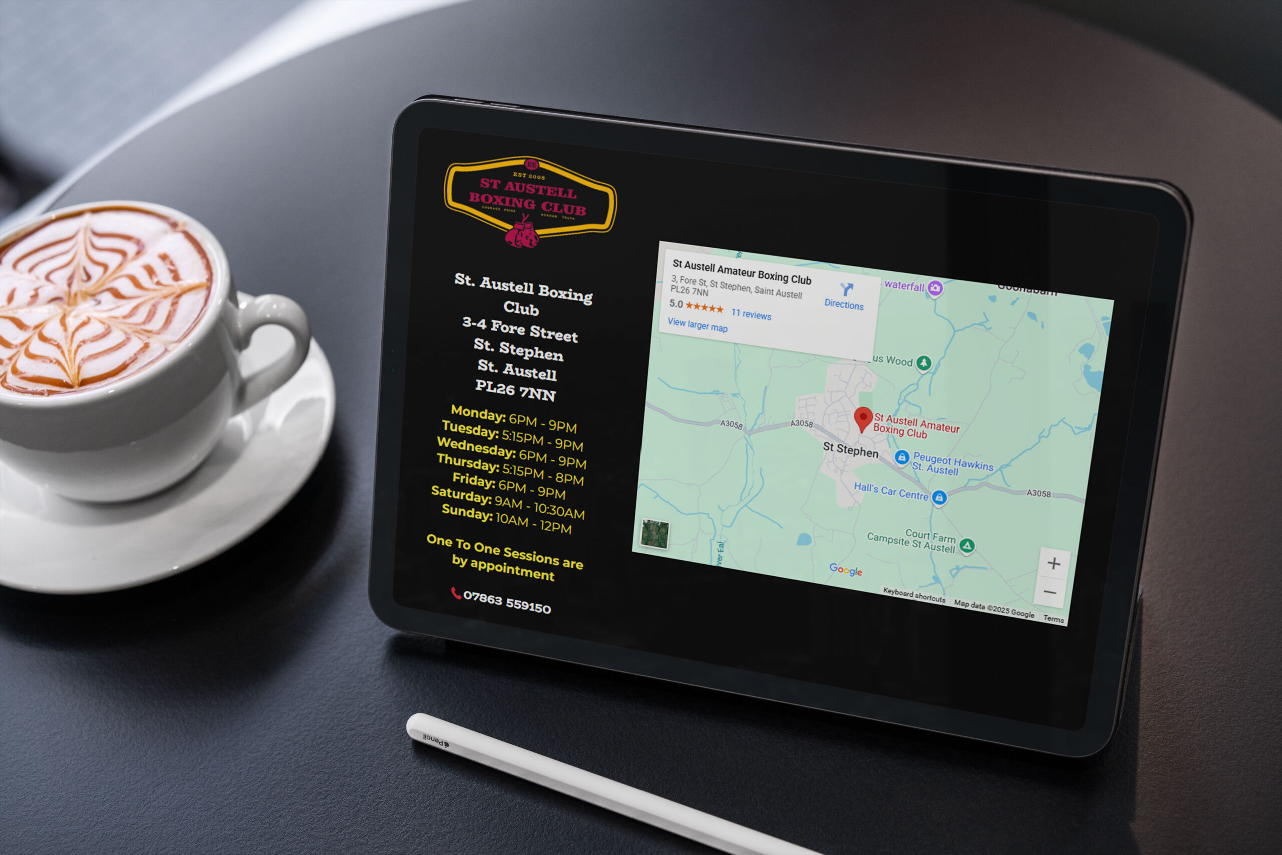 A tablet computer showing St Austell Boxing Club's new website