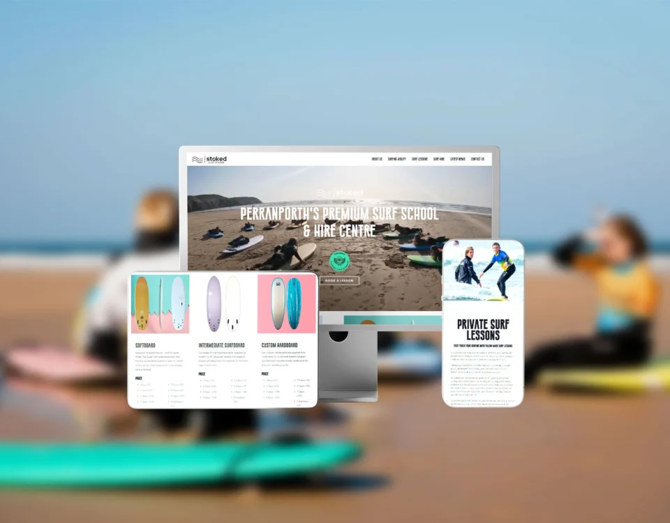 Stoked Surf School's new website on a monitor, tablet and mobile phone