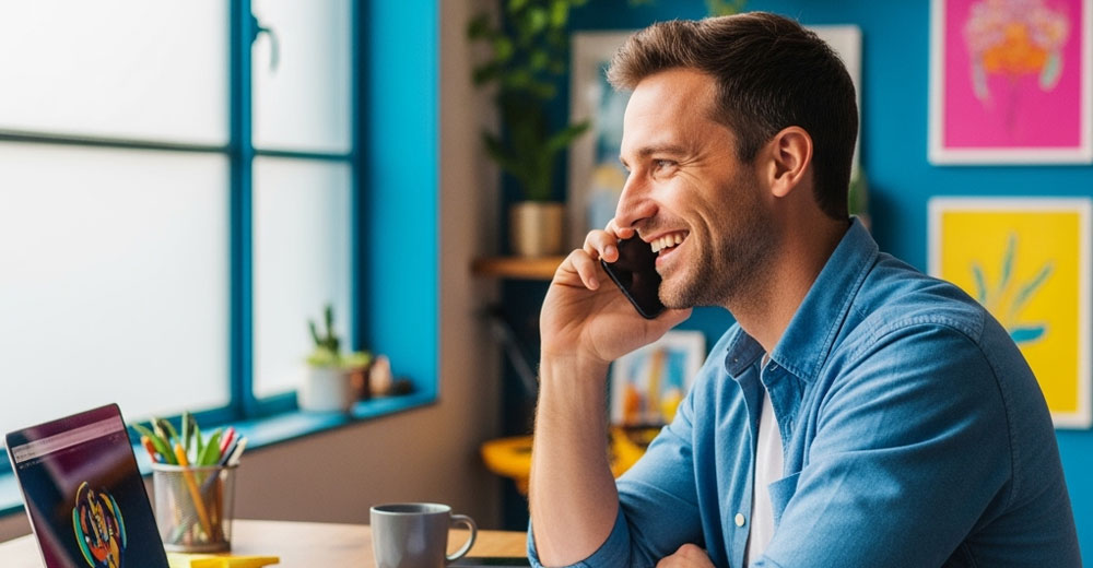 A man holding a phone to his ear and smiling
