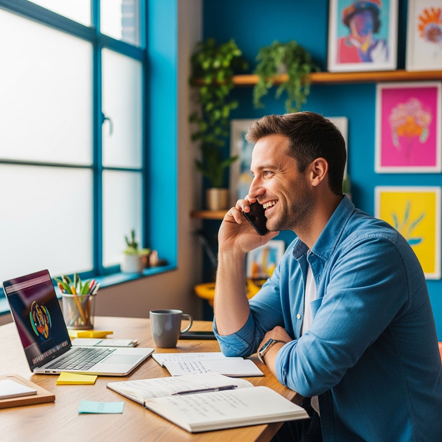 A man sat on the phone in contact with a client