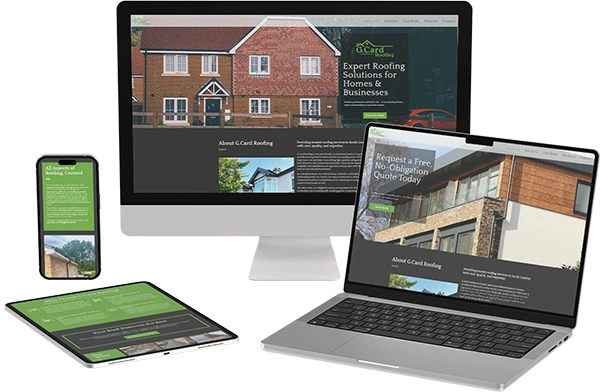 Multiple screens displaying G.Card Roofing's website