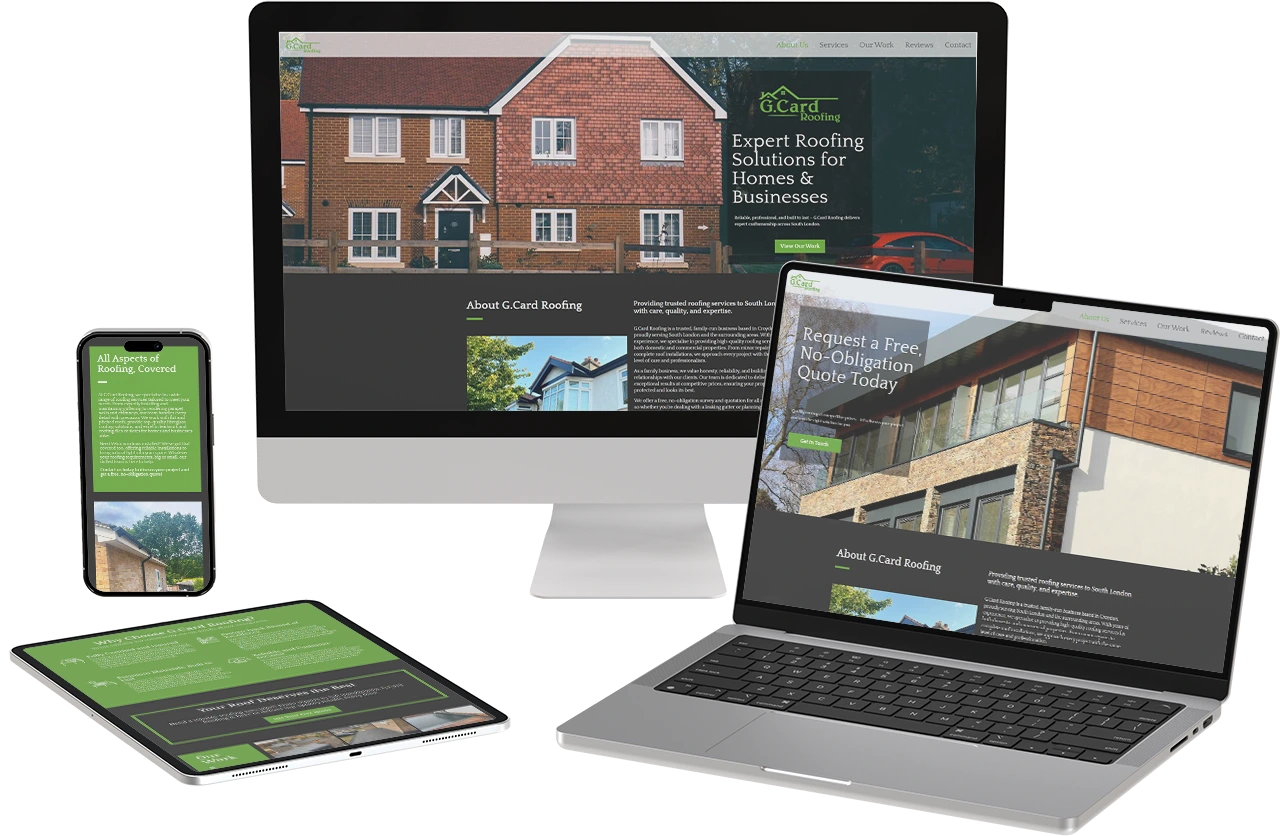 Multiple screens displaying G.Card Roofing's website