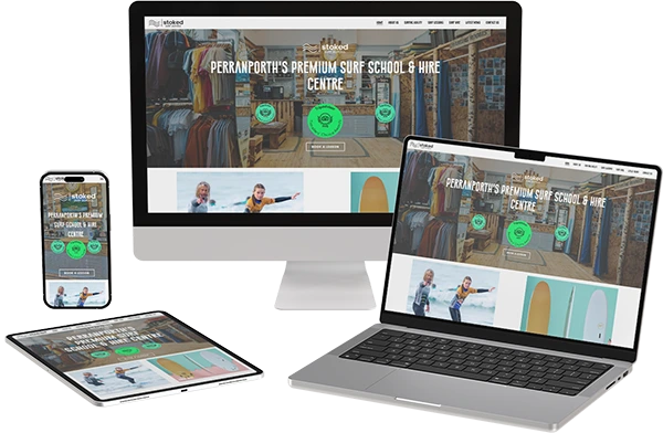 Multiple screens displaying Stoked Surf School's website