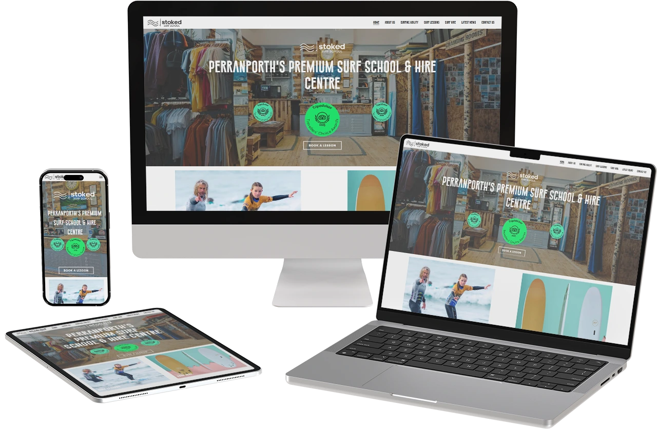 Multiple screens displaying Stoked Surf School's website