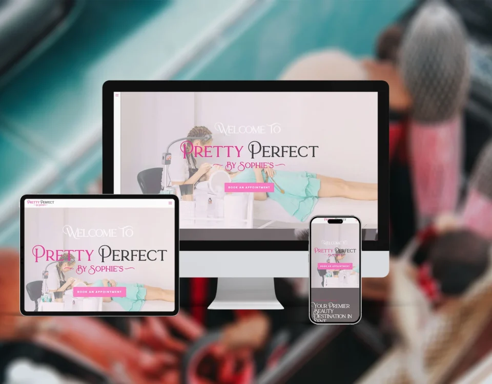 A laptop, mobile phone and tablet showing Pretty Perfect by Sophie's new website