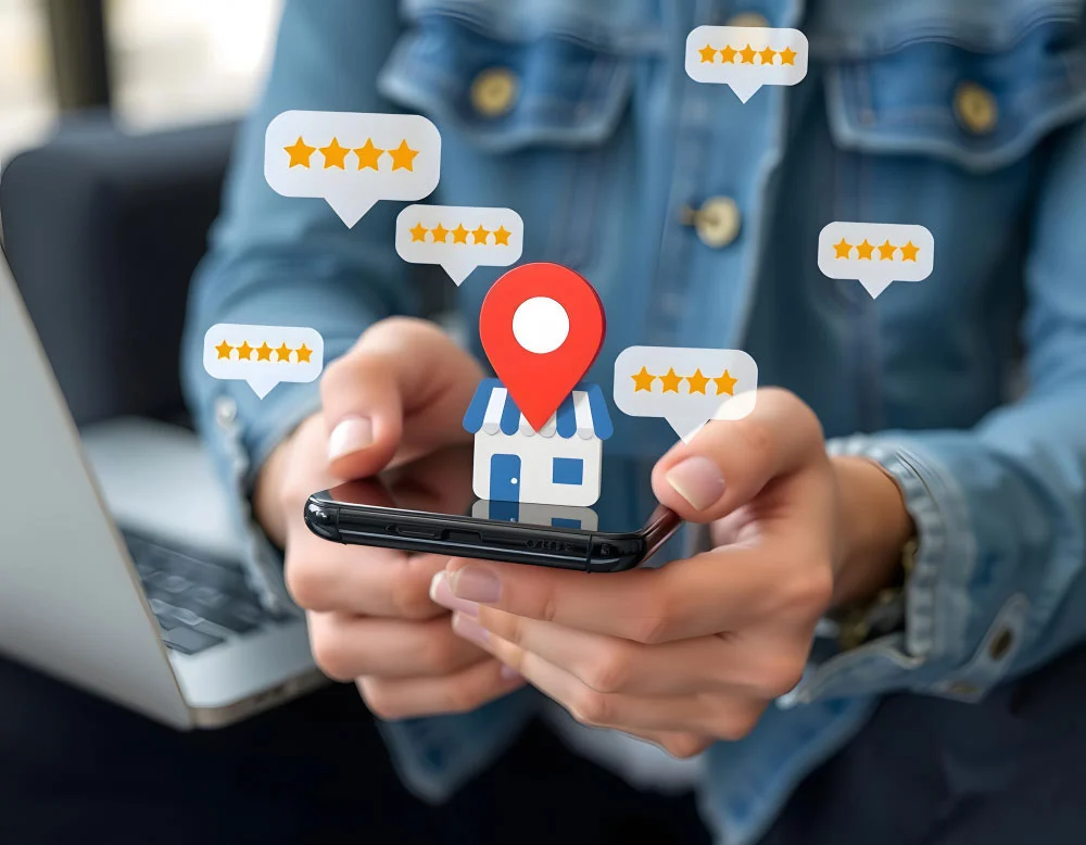 Graphic representing a person looking at an optimised Google Business Profile