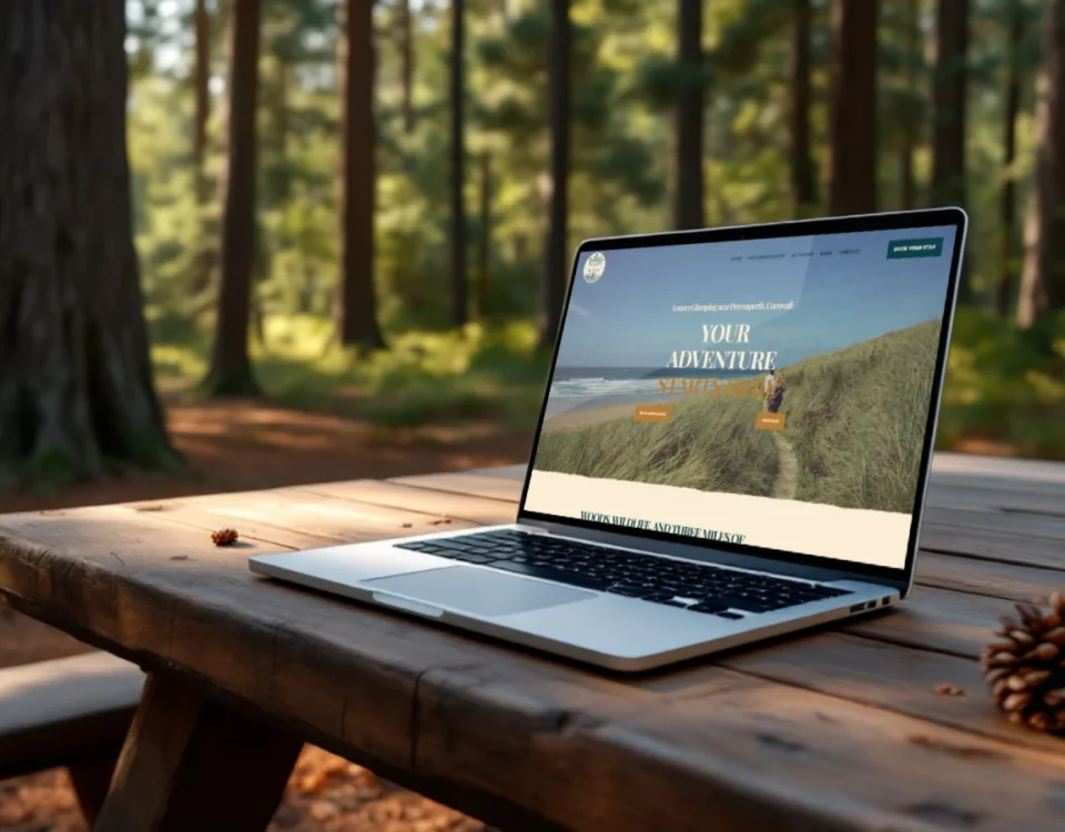 Woods 2 Waves homepage shown on a laptop on a wooden table in Cornish woodland