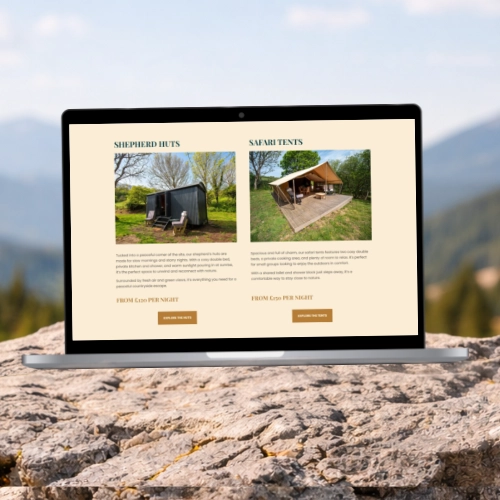 The Woods 2 Waves accommodation page on a laptop, showing the shepherd huts and safari tent side by side