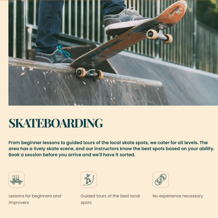 Skateboarding activity page listing on the Woods 2 Waves glamping website