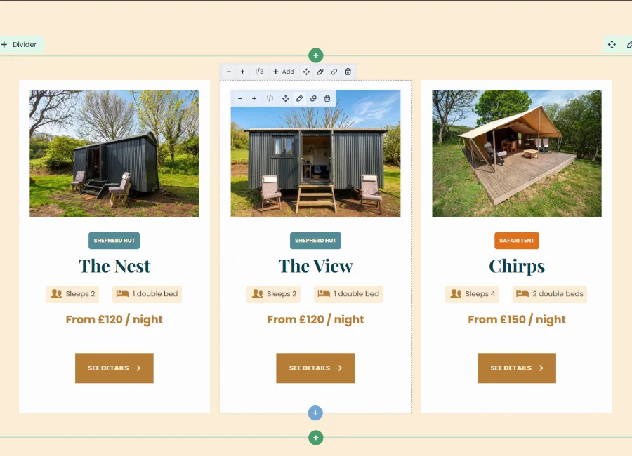 Woods 2 Waves website page design, showing photography of the safair tent and huts